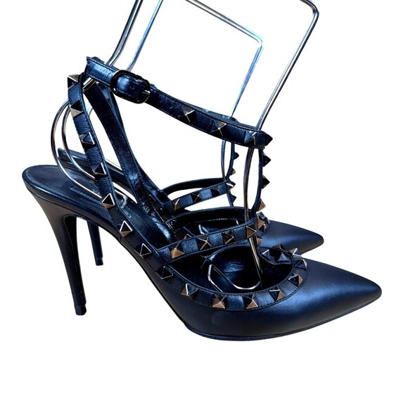 Valentino Garavani Noir Rockstud Caged Pointed Toe Stiletto Heels Size 38.5 - Picture 1 of 12